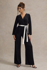 Black Tailored Plunge Jumpsuit With Tie Waist
